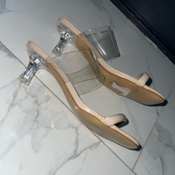 Cream Block Heel Sandals with Transparent Straps - Picture 3 of 4